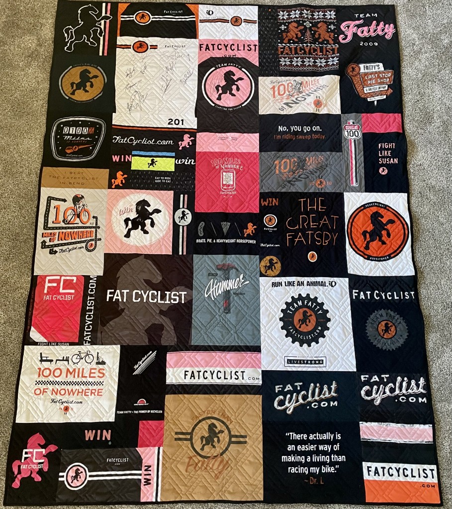 A quilt of all the Fat Cyclist jerseys and t-shirts